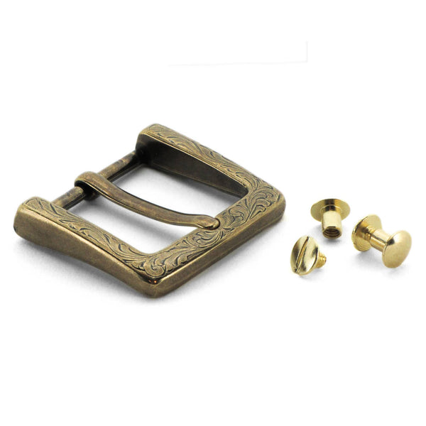 Square Floral Antique Brass Buckle with Chicago Screws - Beltman