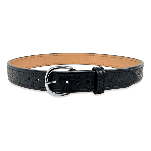 1.5" Wide Black Bullhide Embossed Leather Gunbelt With Horse Floral Impression, Round Chrome Buckle, and Black Stitching By Beltman