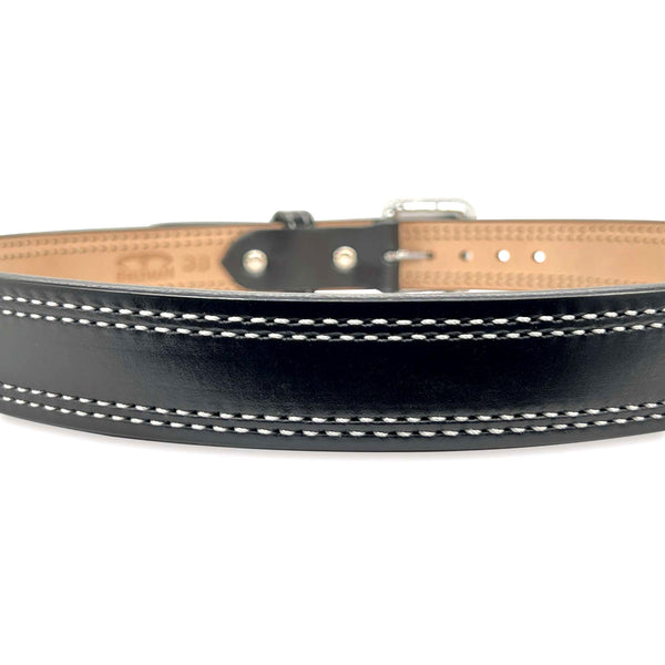 Gun Belt Black Bullhide With Double White Stitching And Square Chrome Buckle 1.5” Wide Dual-Layer Quick Ship