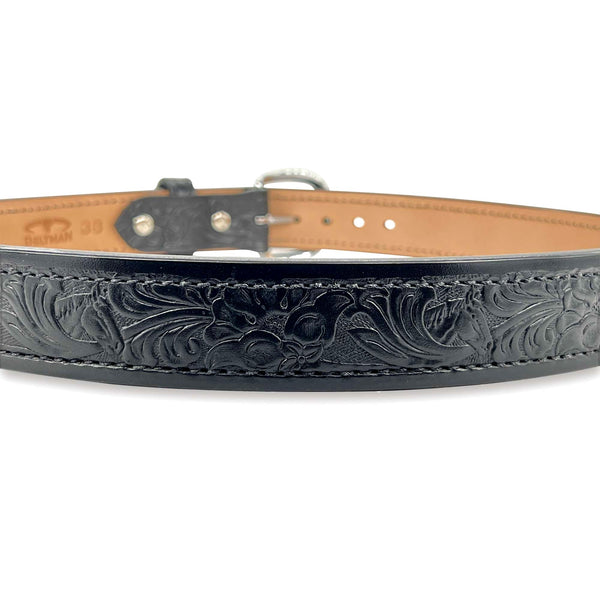 1.5" Wide Black Bullhide Embossed Leather Gun Belt With Horse Floral Impression, Round Chrome Buckle, and Black Stitching By Beltman