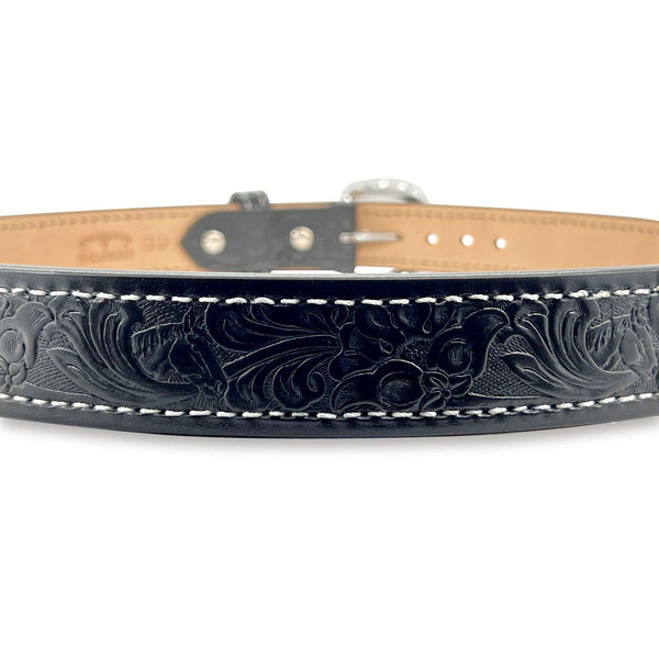 1.5" Wide Black Bullhide Embossed Leather Gun Belt With Horse Floral Impression, Round Chrome Buckle, and White Stitching By Beltman