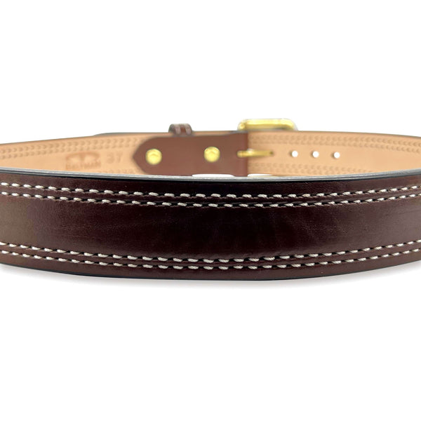 Gun Belt Brown Bullhide With Double White Stitching And Square Brass Buckle 1.5” Wide Dual-Layer Quick Ship