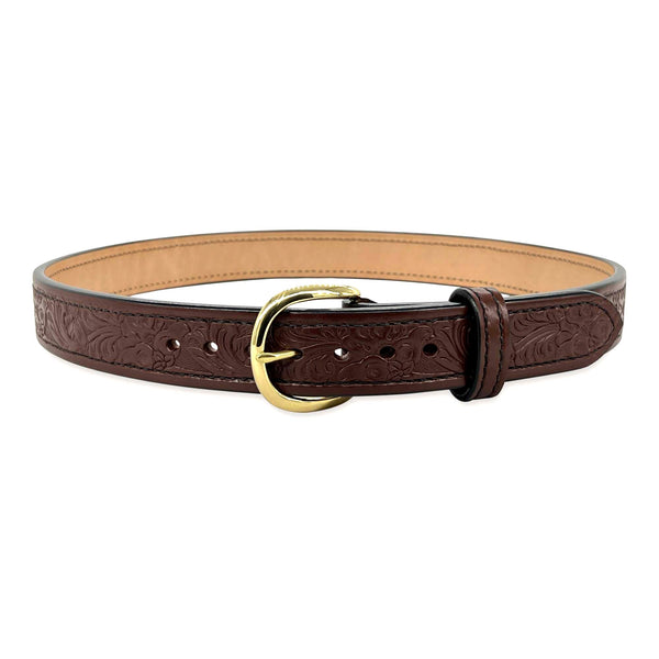 1.5" Wide Brown Bullhide Embossed Leather Gunbelt With Horse Floral Impression, Round Brass Buckle, and Black Stitching By Beltman
