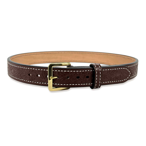 1.5" Wide Brown Bullhide Embossed Leather Gunbelt With Horse Floral Impression, Square Brass Buckle, and White Stitching By Beltman