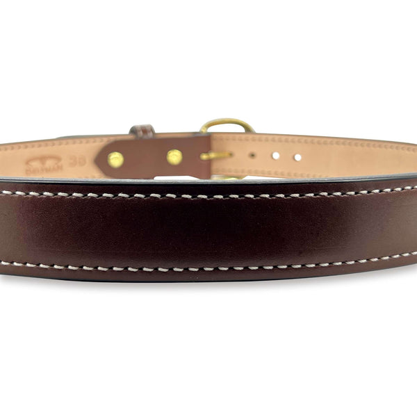 Beltman 1.5" Wide Dual-Layer Bullhide Gun Belt In Brown With Round Brass Buckle And White Stitching