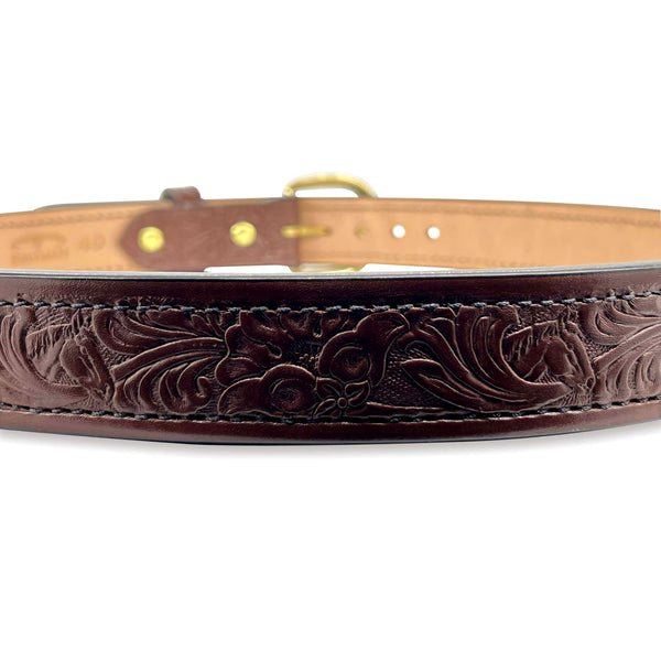 1.5" Wide Brown Bullhide Embossed Leather Gun Belt With Horse Floral Impression, Round Brass Buckle, and Black Stitching By Beltman