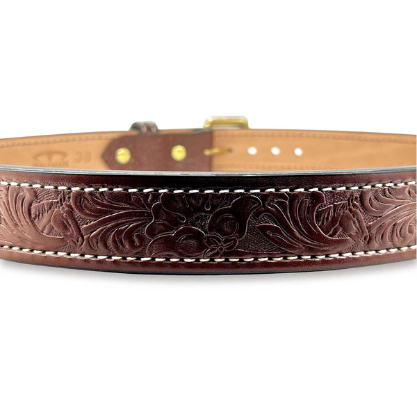 1.5" Wide Brown Bullhide Embossed Leather Gun Belt With Horse Floral Impression, Square Brass Buckle, and White Stitching By Beltman