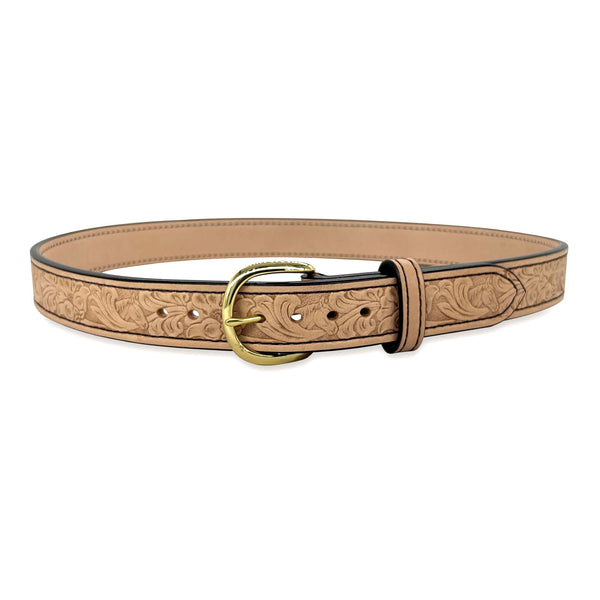 1.5" Wide Natural Bullhide Embossed Leather Gunbelt With Horse Floral Impression, Round Brass Buckle, and Black Stitching By Beltman