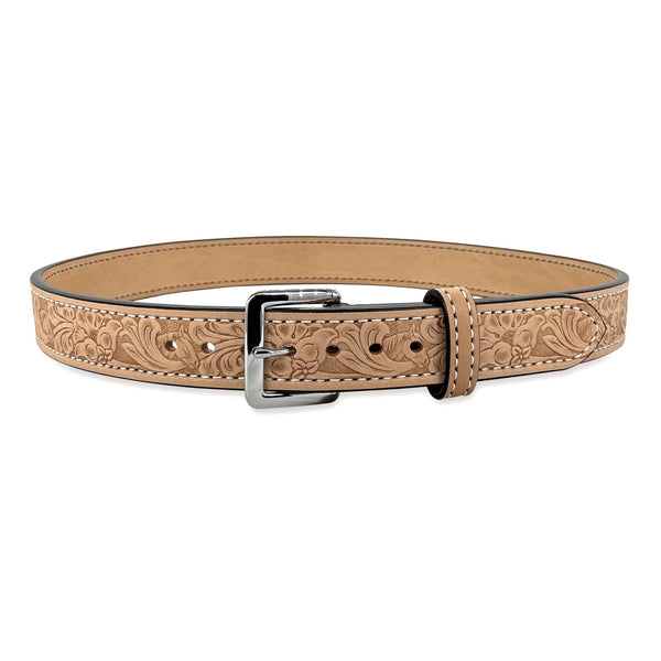 1.5" Wide Natural Bullhide Embossed Leather Gunbelt With Horse Floral Impression, Square Chrome Buckle, and White Stitching By Beltman
