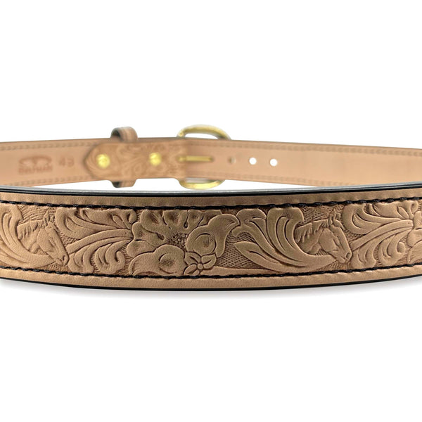 1.5" Wide Natural Bullhide Embossed Leather Gun Belt With Horse Floral Impression, Round Brass Buckle, and Black Stitching By Beltman