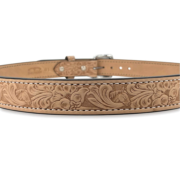 1.5" Wide Natural Bullhide Embossed Leather Gun Belt With Horse Floral Impression, Square Chrome Buckle, and White Stitching By Beltman