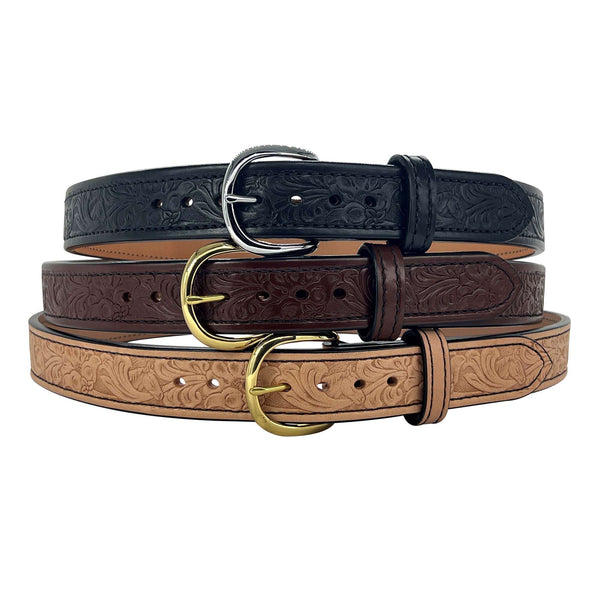 1.5" Wide Bullhide Embossed Leather Gun Belts By Beltman With Horse Floral Impression Available In Three Colors With White Stitching