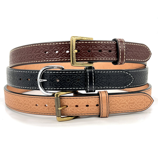 1.5" Wide Bullhide Embossed Leather Gun Belts By Beltman With Celtic Weave Impression Available In Black Brown or Natural Leather With Various Stitching Colors