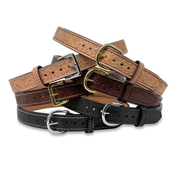 1.5" Wide Bullhide Embossed Leather Gun Belts By Beltman With Horse Floral Impression Available In Three Colors With Black Or White Stitching