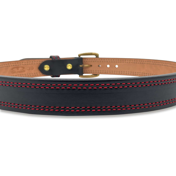 Gun Belt Black Bullhide With Double Red Stitching And Antique Brass Textured Roller Buckle 1.5” Wide Dual-Layer Quick Ship