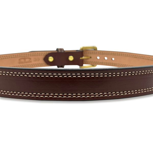 Gun Belt Brown Bullhide With Double Natural Stitching And Square Brass Buckle 1.5” Wide Dual-Layer Quick Ship