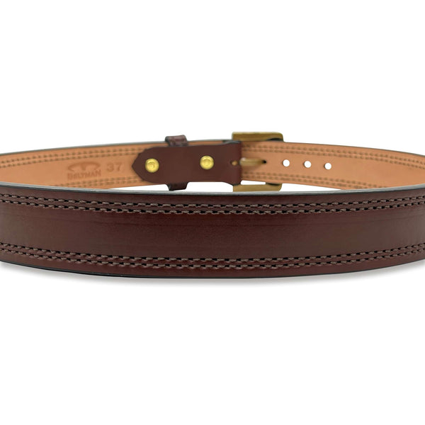 Gun Belt Brown Bullhide With Double Brown Stitching And Square Floral Antique Brass Buckle 1.5” Wide Dual-Layer Quick Ship