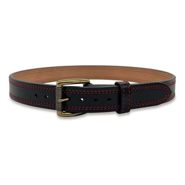 Gunbelt Black Bullhide With Double Red Stitching And Antique Brass Textured Roller Buckle 1.5” Wide Dual-Layer Quick Ship