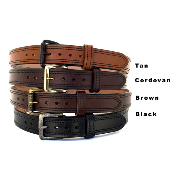 1.5" Wide Double Stitched Dual-Layer Bullhide Gun Belts in Black, Brown, Cordovan, and Tan