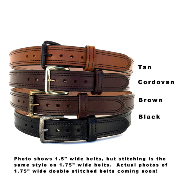 1.75" Wide Double Stitched Dual-Layer Bullhide Gun Belts in Black, Brown, Cordovan, and Tan
