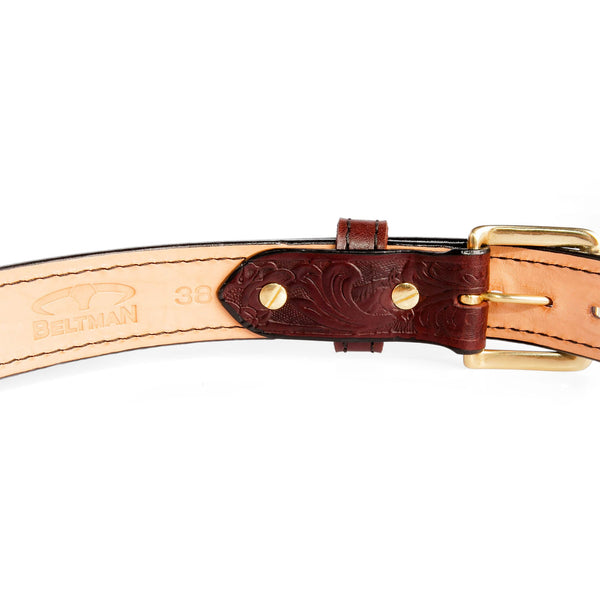 Cordovan 1.5” Horse Floral Embossed Bullhide Concealed Carry Gun Belt By Beltman With Square Brass Buckle
