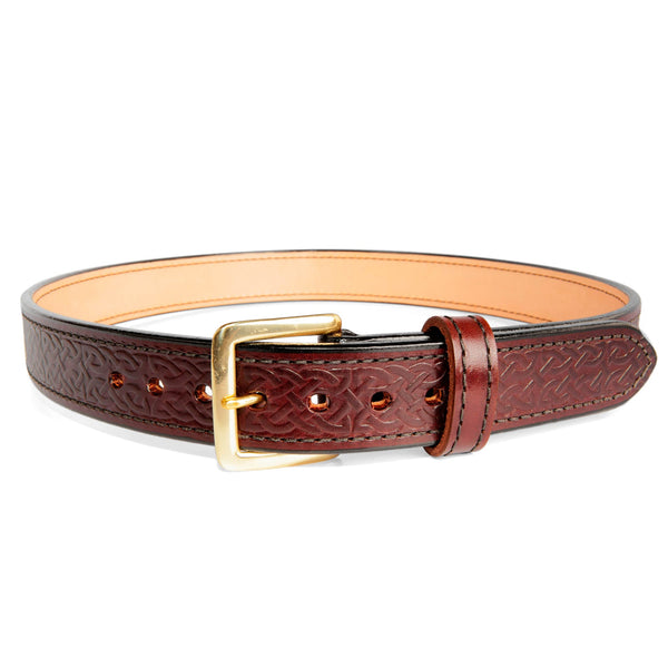 1.5" Wide Cordovan Embossed Bullhide Leather Gunbelt With Celtic Weave Impression And Square Brass Buckle By Beltman