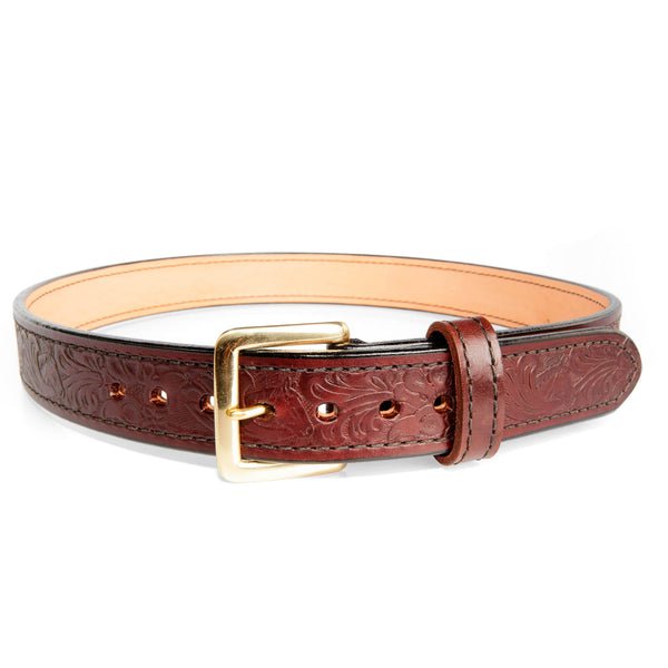 1.5" Wide Cordovan Embossed Bullhide Leather Gunbelt With Horse Floral Impression And Square Brass Buckle By Beltman