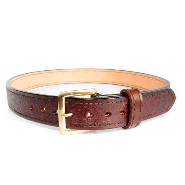1.5" Wide Cordovan Embossed Bullhide Leather Gunbelt With Jumping Bass Impression And Square Brass Buckle By Beltman