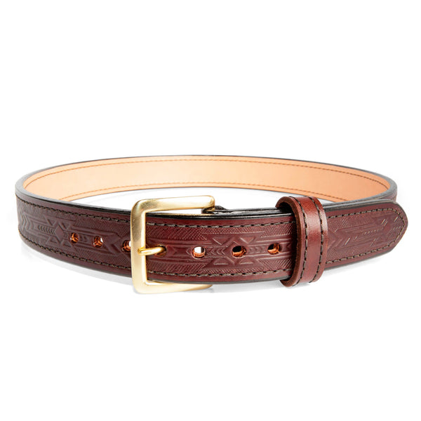 1.5" Wide Cordovan Embossed Bullhide Leather Gunbelt With Southwestern Impression And Square Brass Buckle By Beltman