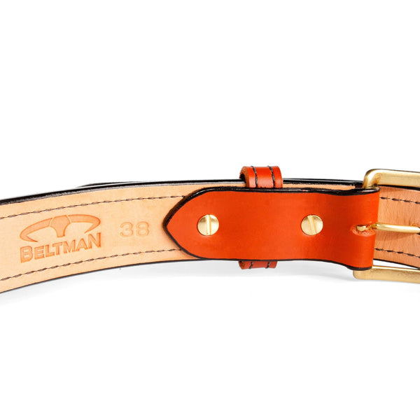 Tan 1.5” Bullhide Concealed Carry Gun Belt By Beltman With Square Brass Buckle And Black Stitching