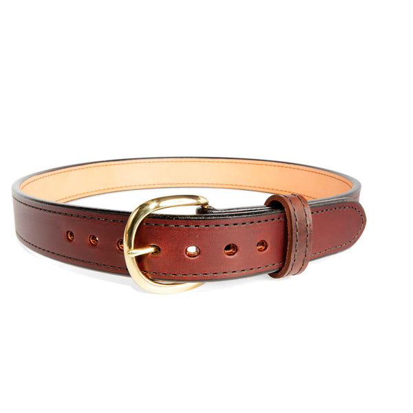 Beltman 1.5" Wide Dual-Layer Bullhide Gunbelt In Cordovan With Round Brass Buckle And Black Stitching