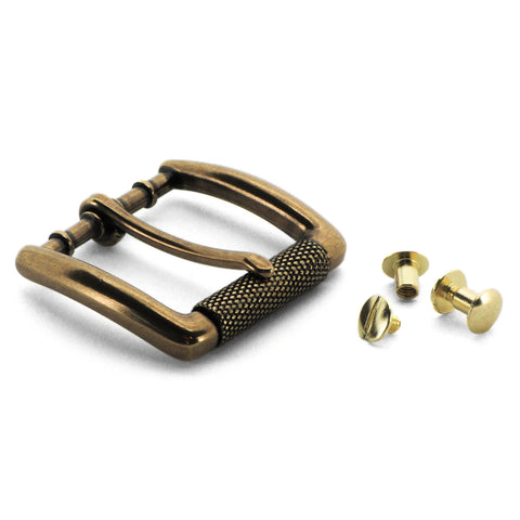 Antique Brass Textured Roller Buckle with Chicago Screws for gunbelts