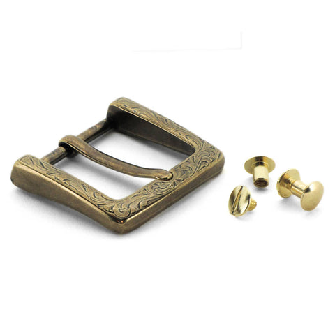 Square Floral Antique Brass Buckle with Chicago Screws for gunbelts