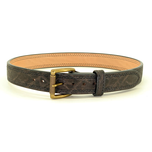Beltman 1.5" Wide Elephant Over Bullhide Gunbelt In Chocolate Brown With Antique Brass Textured Roller Buckle And Double Stitching